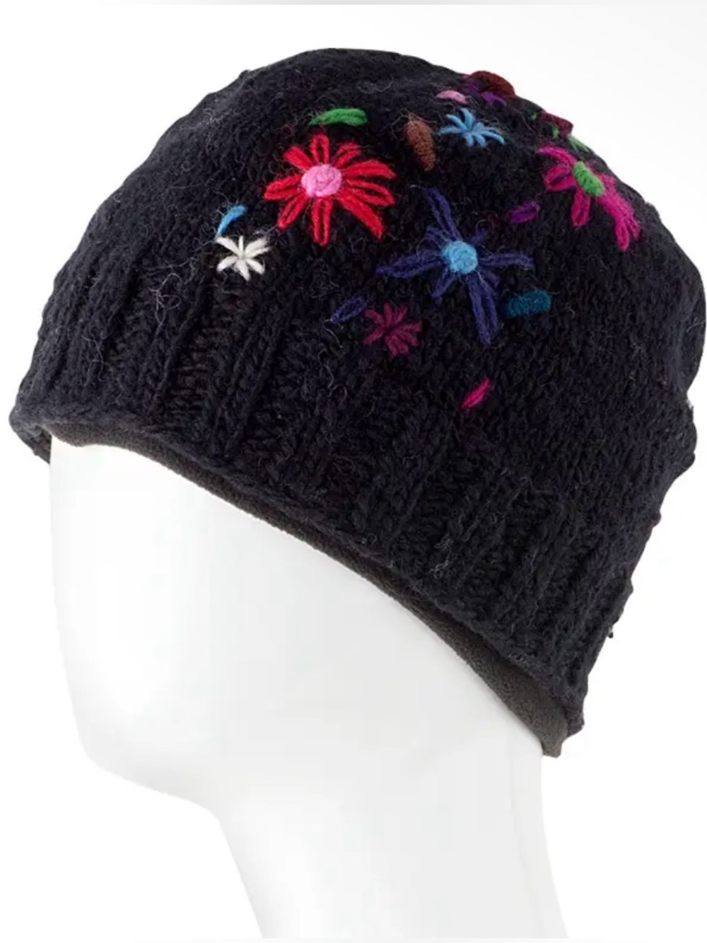 Black Knit Wool Boho Beanie with Multicolor Floral Embroidery